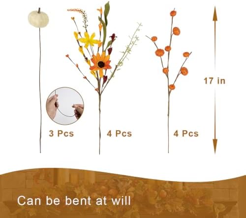 FloralElegance 11 Pack Artificial Fall Flower Picks with Pumpkins Flowers