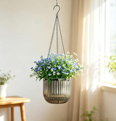Melphoe 2 Pack Self Watering Hanging Planters Indoor Flower Pots, 6.5 Inch Outdoor Hanging Plant Pot Basket, Plant Hanger with 3Hooks Drainage Holes for Garden Home (Gray)