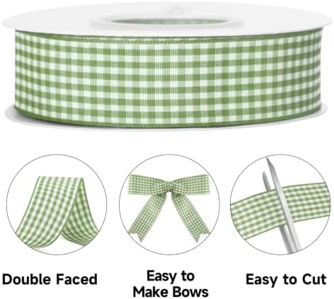 KINGLAKE Sage Green Gingham Ribbon - 1'' x 25 Yds Moss Green Plaid Ribbon