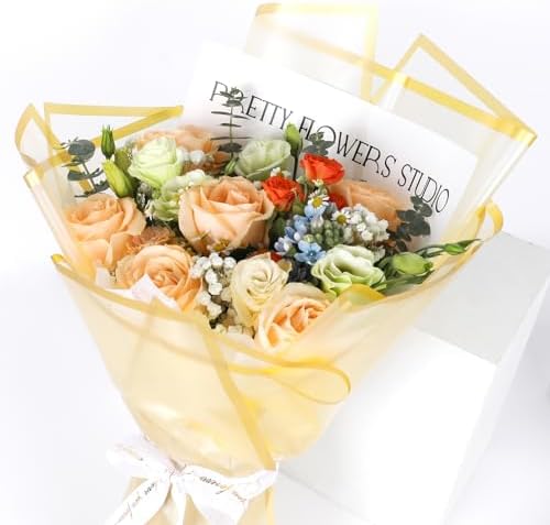 FUHITIM 20 Sheets Flower Wrapping Paper - Waterproof Floral Bouquet Packaging Paper for DIY Crafts，Florist Supplies Packaging Paper for Wedding Birthday Gift (Translucent Gold)