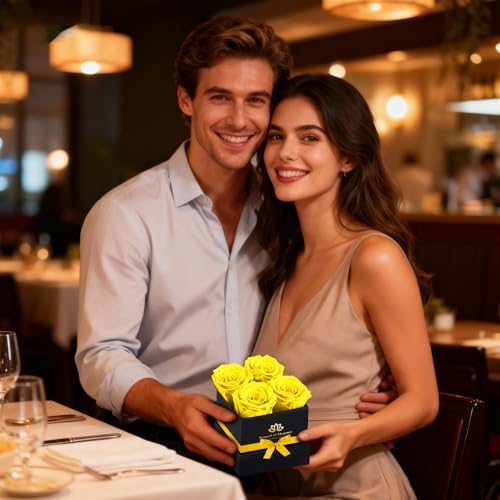 Yellow Forever Flowers Roses in A Box,Real Preserved Flowers,Preserved Roses,Forever Flower Gifts for Women/Men/Mom,Flowers for Valentine's Mothers Day