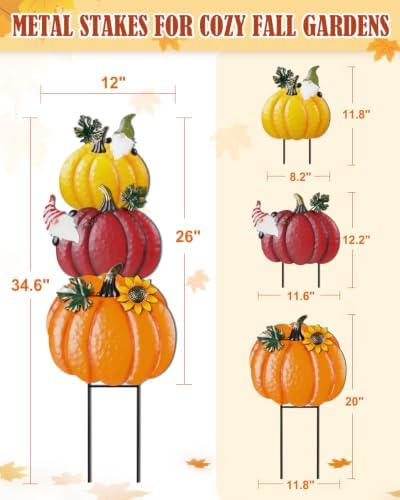 Outdoor Fall Pumpkin Decorations – 34.6" Metal Garden Stakes with 3 Stacked Pumpkins, Decorative Autumn Yard Signs for Porch Garden Lawn & Thanksgiving Decor