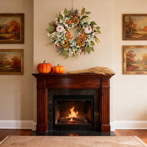 22 inch Fall Wreaths for Front Door, with Artificial Eucalyptus 5 Large Velvet Pumpkin Porch for Home Autumn Thanksgiving Farmhouse Holiday Outdoor Decor