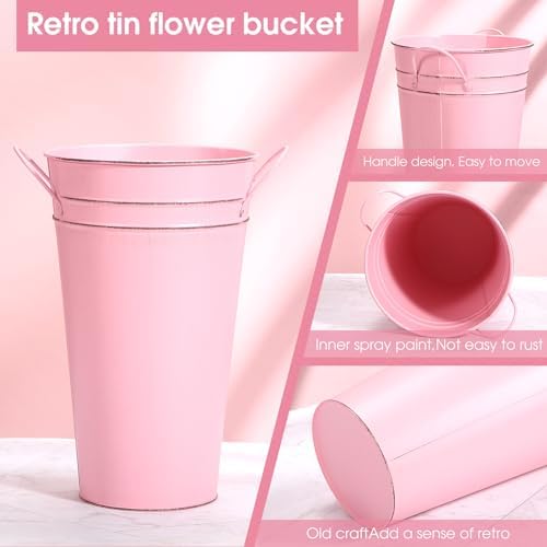 Irenare 12 Inch Vintage Galvanized Flower Bucket Metal Flower Vase Farmhouse French Bucket Planter Metal Floral Container for Party Table Centerpiece Weddings Home(Pink,6 Pcs)