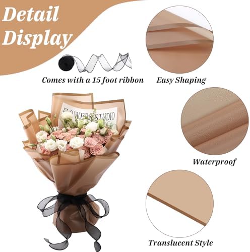 Rumvan Flower Wrapping Paper, 20 Sheets, Waterproof, Floral Bouquet Design, for Wedding, Birthday Gift, DIY Florist Supplies (Translucent white) (coffee colour, 20 Sheets)