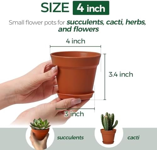 T4U Small Plant Pots 4 Inch 8 Pack, Plastic Indoor Flower Pots Saucer