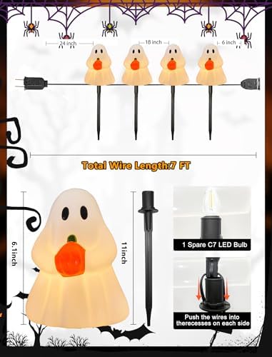 Halloween Ghost Pathway Lights, 7Ft Ghost Pathway Decoration Lights with 4 Clear C7 LED Bulbs, Ghost Pathway Extendable Pathway String Light for Halloween Holiday Outdoor Pathway Garden Walkway Decor