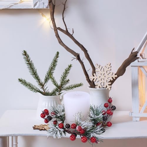 Winlyn 4 Pcs Artificial Pine and Berry Candle Rings Wreaths Snowy Pine Needle Red Berry Mini Christmas Wreaths 10.2" for Winter Wedding Home Holiday Party Decorations Mantel Door Table Centerpiece