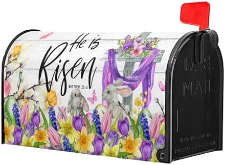 He is Risen Easter Cross Christian Mailbox Cover Magnetic Large Size 25x21in Religious Spring Lily Flower Decorative Mailbox Wrap Decals Easter Bunnies Rabbit Post Letter Box Cover for Garden Yard