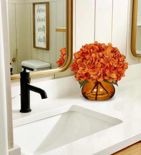 Hollyone Orange Fall Hydrangeas with Vase Indoor Faux Fall Hydrangea Artificial Flowers Decor Silk Fake Flowers Arrangements in Glass Vase Autumn Festival Table Centerpiece Fall Decorations for Home
