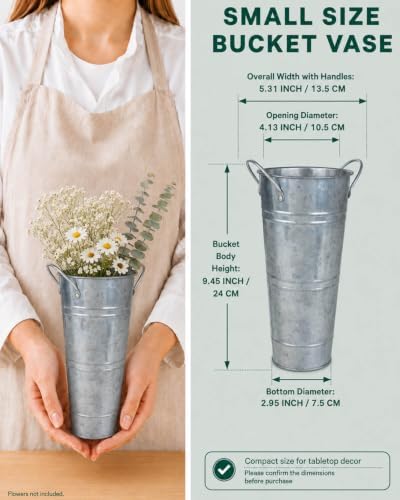 9 Inch Galvanized Flower Bucket, 6 Pack Tabletop Vases for Dried Flowers