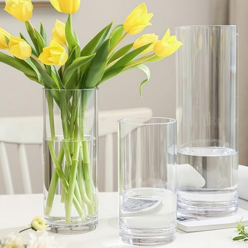 Tall Modern Clear Acrylic Cylinder Flower Vase 4x12 Inch Set of 2
