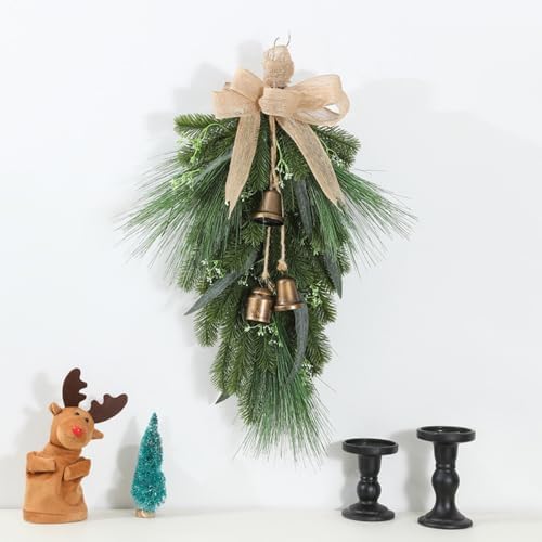 Artificial Christmas Swag with Bells and Bow, 20 Inch Norfolk Pine Teardrop Garland, Christmas Pine Needle Wreath for Door Window Mantle Fireplace Wall Indoor Outdoor Home Decor (Green)