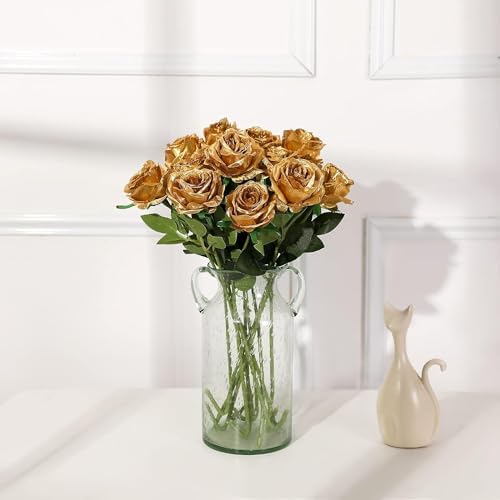 Gold Fake Roses Artificial Flowers - 10 Pcs Fake Artificial Roses Silk Flowers with Stems for Home Wedding Hotel Office Centerpiece Decor
