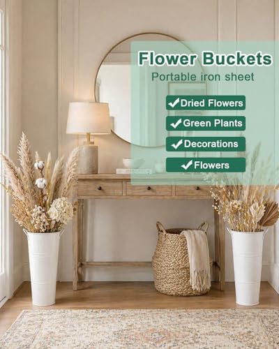15 Inch Tall Galvanized Flower Bucket, 2 Pack Metal Vases for Dried Flowers