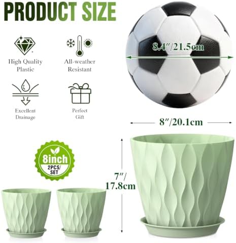 8 Inch Plant Pots 2 Pack, Plastic Pots Drainage Holes & Saucers