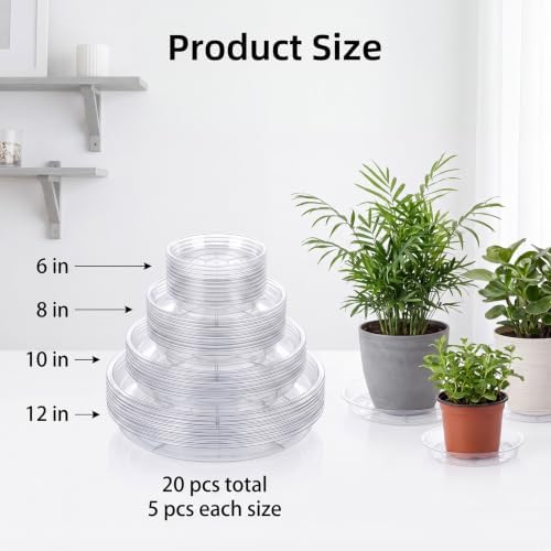 ondware Plant Saucers, 20-Pack Plastic Drip Trays, 6/8/10/12 Inch, Clear