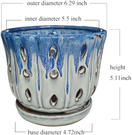 Ceramic Orchid Pot with Drainage Hole 6'' Orchid Planter (Blue Cover White)