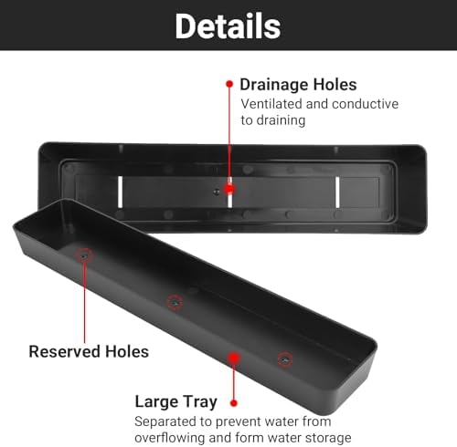 GREANER Rectangle Window Boxes, 6PCS 16x3.8 Inch Black Herb Planters with RemovableTray and Drainage Hole, Succulent Flowers Plastic Pot for Balcony, Office, Windowsill, Garden, Outdoor Decoration Use