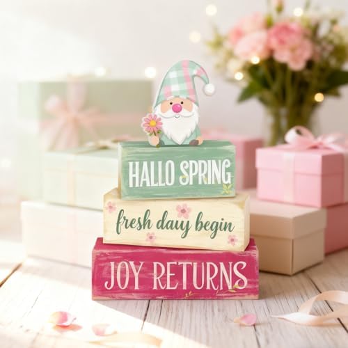 Spring Decoration Wooden Tiered Tray Decor – Rustic Hallo Spring Stacked Block Sign with Spring Gnome Topper – Farmhouse Tabletop Spring Decor for Living Room Shelf Kitchen Seasonal Home Display