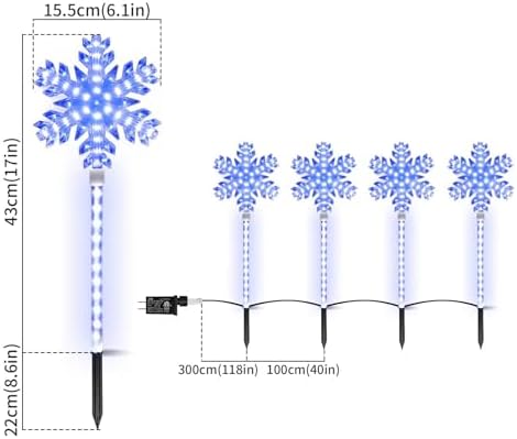 Ultra-Bright Shooting 17" 568 LED Snowflake Lawn Stake Light 4 Stakes Total Christmas Outdoor Decoration with UL Standard Adaptor for Outdoor Pathway Lawn Holiday Party Home(White and Blue)