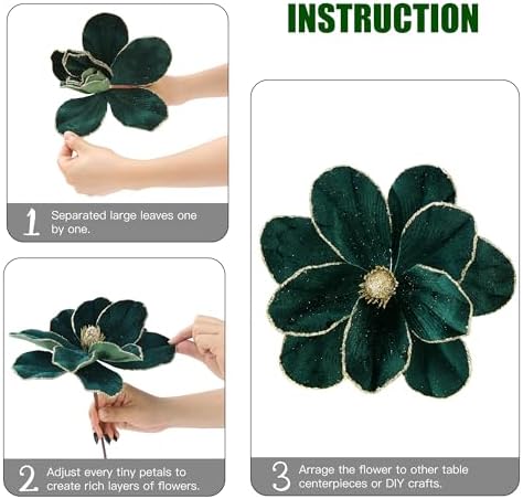 Sggvecsy 10Pcs Christmas Glitter Flowers Velvet Magnolia Flower Christmas Tree Ornaments Artificial Poinsettia Floral Picks for Xmas Wedding DIY Crafts Wreath Party Floral Decorations(Green)