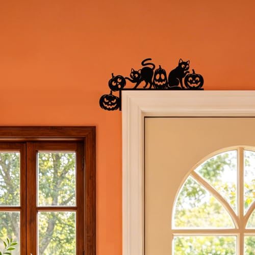CUTHOLLOW Halloween Black Cat and Pumpkin Door Topper Sign Wall Art Decor