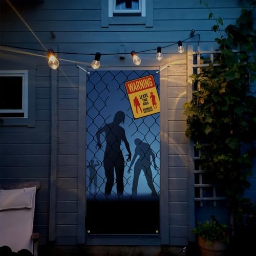 Halloween Door Backdrop Banner Warning Zombies Leave This Area Creepy Devil Go Crazy Terror Theme Scary Halloween Party Decoration Supplies for Women Men 80x35 Inch