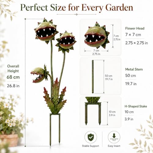 Metal Carnivorous Plant Garden Stake, 2026 New 25-Inch Venus Flytrap Yard Art Decor, Durable Yard Art for Flower Beds, Lawn Garden Patio Halloween Gothic Yard Decoration