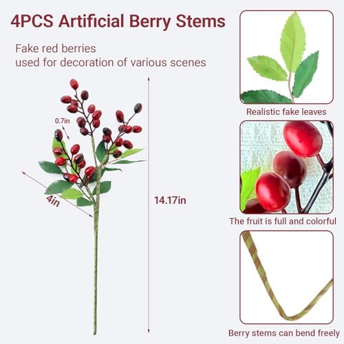 4PCS Artificial Flower Artificial Berry Stems Faux Red Berry Stems Faux Berries Olive with Leaves Fake Berries Branches Fake Fruit with Bendable Stem for Christmas Vase Floral Arrangement(Dark Red)