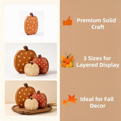Fall Decorations Set of 3 Wooden Pumpkins - Farmhouse Rustic Autumn Harvest Thanksgiving Tiered Tray Decor for Table Mantel Shelf Indoor Home Decor