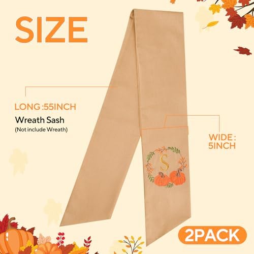 2 Pcs Fall Wreath Sash for Front Door Embroidery Monogram Pumpkin Ribbon Sash for Fall Thansgiving Yard Porch Decor (Letter S)
