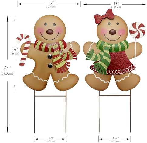 Outdoor Christmas Decorations,27" H Large Gingerbread Boy and Girl Metal Yard Stakes,Set of 2, Rustic Winter Signs for Lawn Garden,Patio, Pathway & Front Yard,Farmhouse Porch Outside