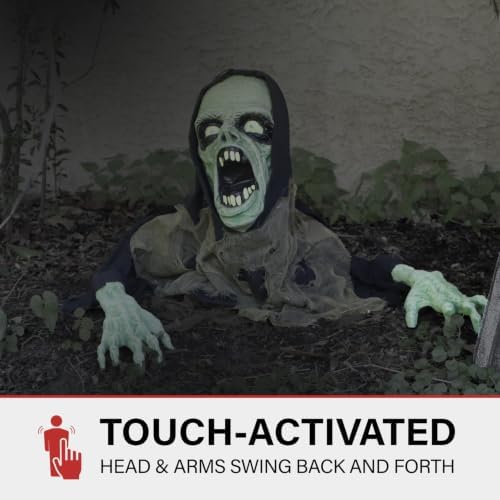 Haunted Hill Farm 21-in. Touch-Activated Zombie Groundbreaker Halloween Animatronic with Flashing LED Lights and Sound Effects for Indoor or Covered Outdoor Battery Operated Halloween Decorations