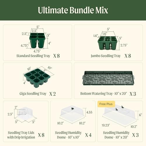 Vego garden Ultimate Seed Starting Bundle, 2Packs Giga,8 Pack Jumbo,8 Pack Standard Seedling Trays with Seedling Tray Lids and 10" x 20" Bottom Watering Trays