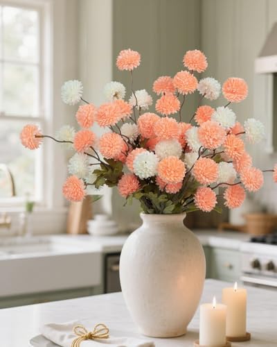 DuHouse 6pcs Faux Silk Pompon Mum Small Chrysanthemum Ball White