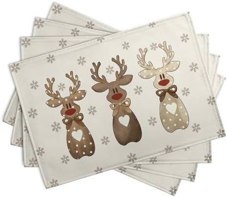 Christmas Reindeer Snowflakes Placemats Set of 4 Xmas Cute Elk Deer Place Mats 12x18 Seasonal Winter Holiday Farmhouse Linen Table Mats for Party Kitchen Dining Outdoor Indoor Decor