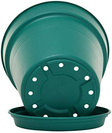 Mintra Garden Pots, 4 Pack Bulk Plastic Plant Pots with Drainage Tray, Round Indoor & Outdoor Decorative Planters with Drain Holes for Flowers, Herbs & Plants, 15cm Diameter – Forest Green, 5.9 in