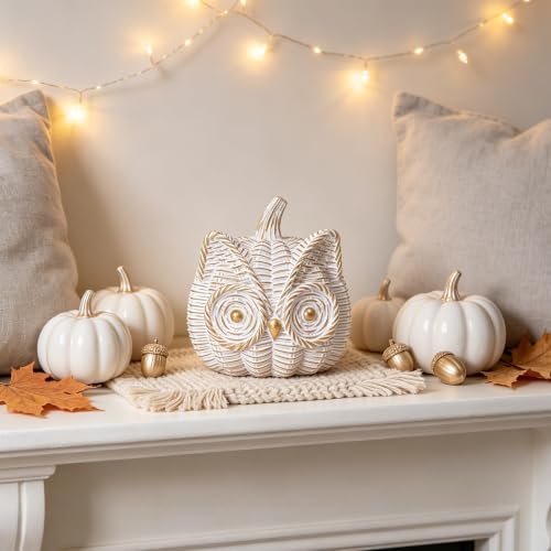 Fall Decor Animal Pumpkin Decorations – Owl Fake Pumpkin Resin Woven Design Animal Figurines for Home Table Shelf Mantel, Thanksgiving Halloween Decorations Gifts for Autumn Decor(Gold&White)