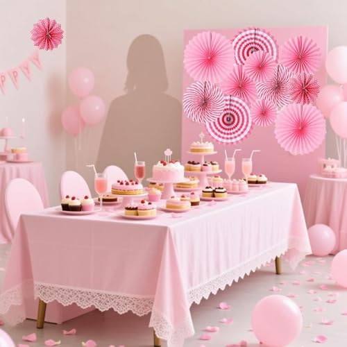 Pink Hanging Paper Fans, 12 Pieces Hanging Party Decorations Round Pattern Paper Garlands for Girl's Women Birthday Party, Wedding, Brial Shower