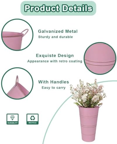 12 Inch Galvanized Metal Vase, 6 Pack Tall Flower Buckets with Handles