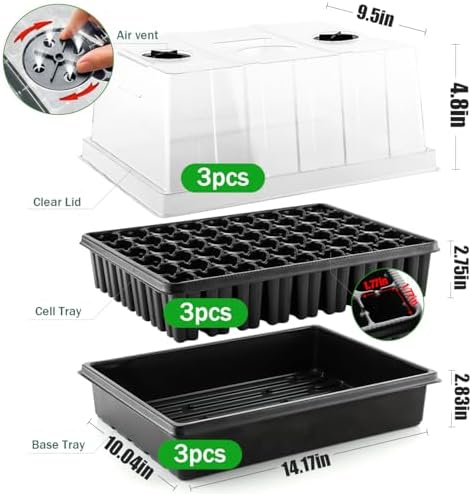 3-Pack Seed Starter Trays with 5" Tall Humidity Domes & 54-Cell Deep Trays
