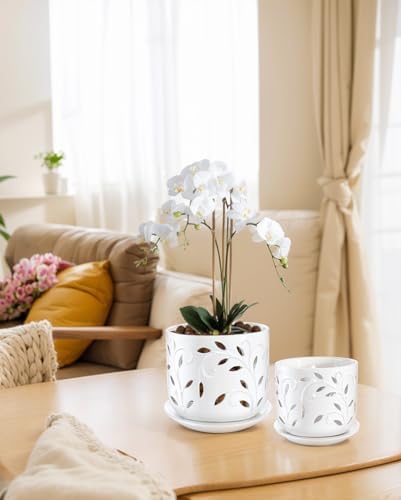 BUYMAX 5&6in Ceramic Orchid Pots with Holes&Saucers Root Care Planter