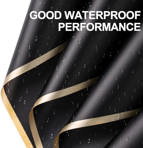 WRAPAHOLIC 20 Sheets Flower Wrapping Paper - 22.4 x 22.4 inch Gold Trim Black Water-Resistant Floral Bouquet Wrapping Paper, Florist Supplies Packaging Paper for Wedding Birthday Gift DIY
