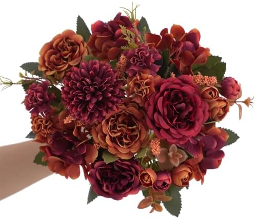 2 Pcs Fall Artificial Peony Hydrangea Bouquet, Coffee Brown Silk Faux Flower, Autumn Faux Floral Arrangements for Wedding Table Centerpiece Thanksgiving Halloween Farmhouse Indoor Outdoor Decor