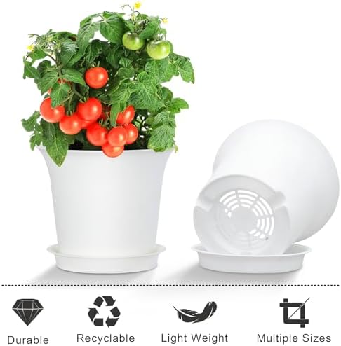Oliz Planter Pots 8 Packs, 7.2 Inches Flower Pots with Drainage Holes & Trays, Ideal for Succulents, Herbs, Flower, African Violet, Garden Plant Pots for Home Garden Kitchen Decor (White-3)