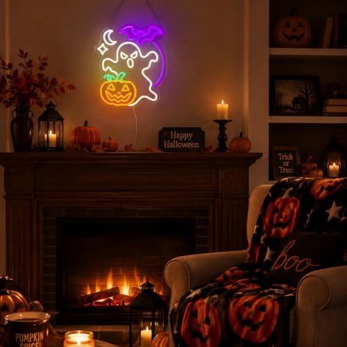 Ghost Halloween Neon Sign, Dimmable Pumpkin & Bat Neon Signs for Wall Decor