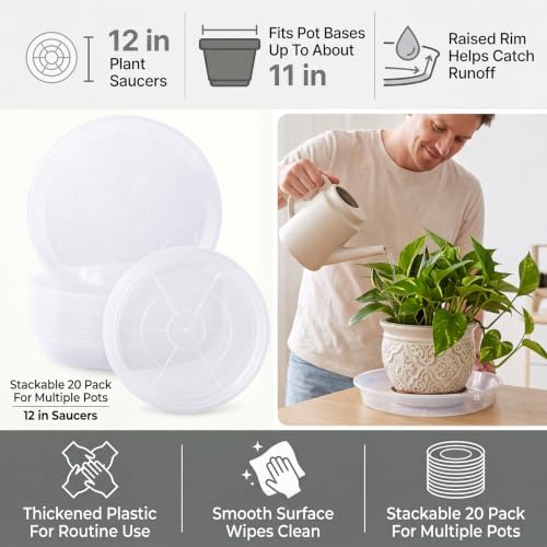 ondware 20 Pack 12 Inch Plant Saucers, Round Plastic Drip Trays