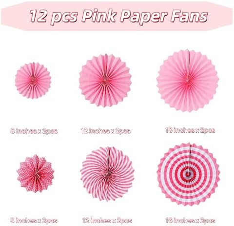 Pink Hanging Paper Fans, 12 Pieces Hanging Party Decorations Round Pattern Paper Garlands for Girl's Women Birthday Party, Wedding, Brial Shower