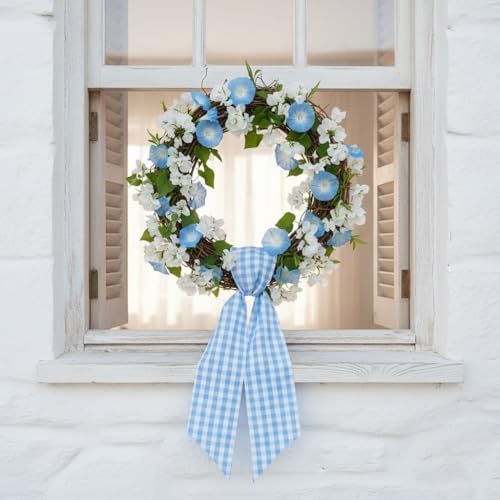 2 Pack Blue White Plaid Wreath Sash Front Door Decoration, Blank Sashes Patriotic July 4th Summer Holiday Party Bow Ribbon Bundle Indoor Outdoor Farmhouse